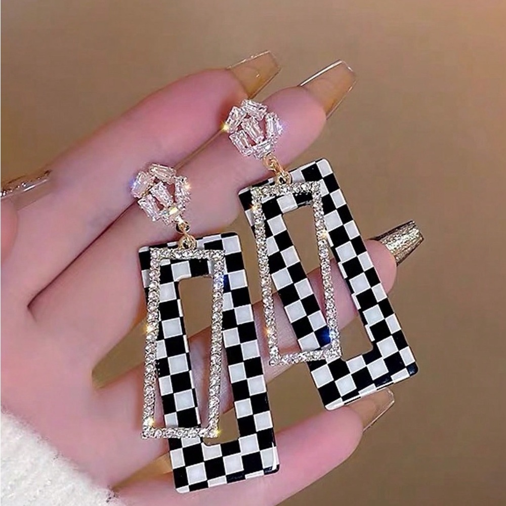 Elegant Black and White Checkered Earrings